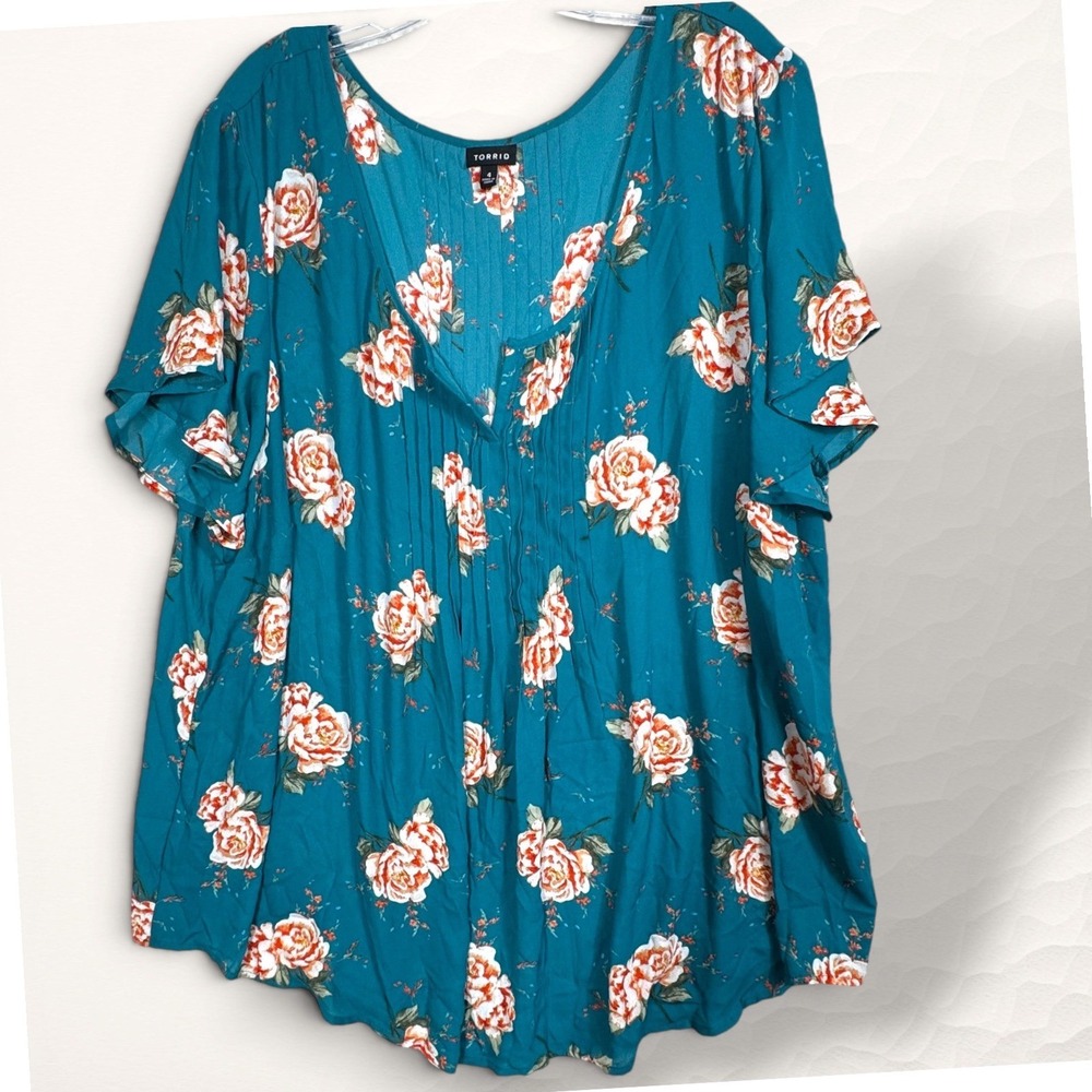 Torrid Floral Blouse Womens 4XL‎ Teal Cottagecore Pleated Short Sleeve